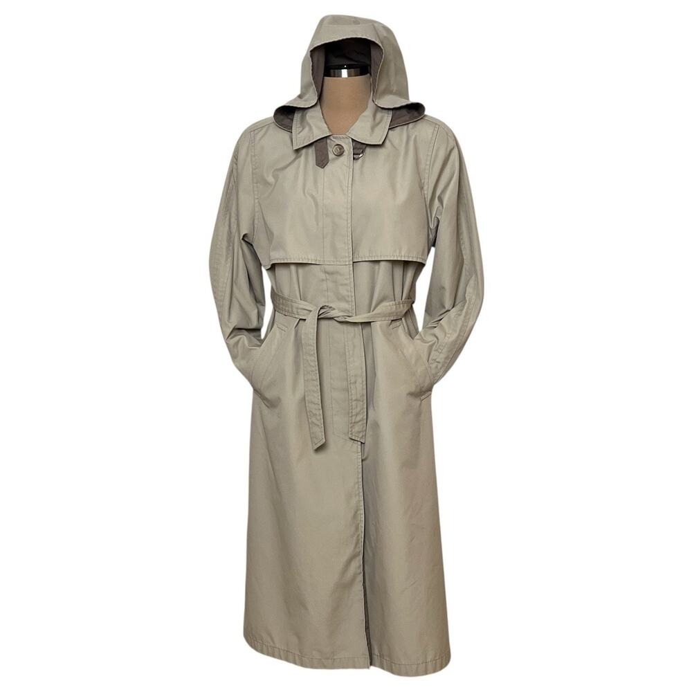 British Mist Trench Coat Womens 12 Beige Pockets Belt Hood Business Casual Vtg